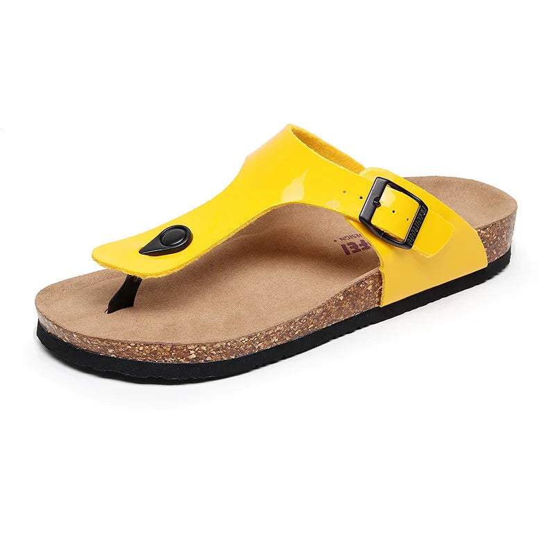 New Cork Sandals for Women Open Toe Beach Slippers with Adjustable Buckle Women Flats Leather Cork Footbed Flip Flops