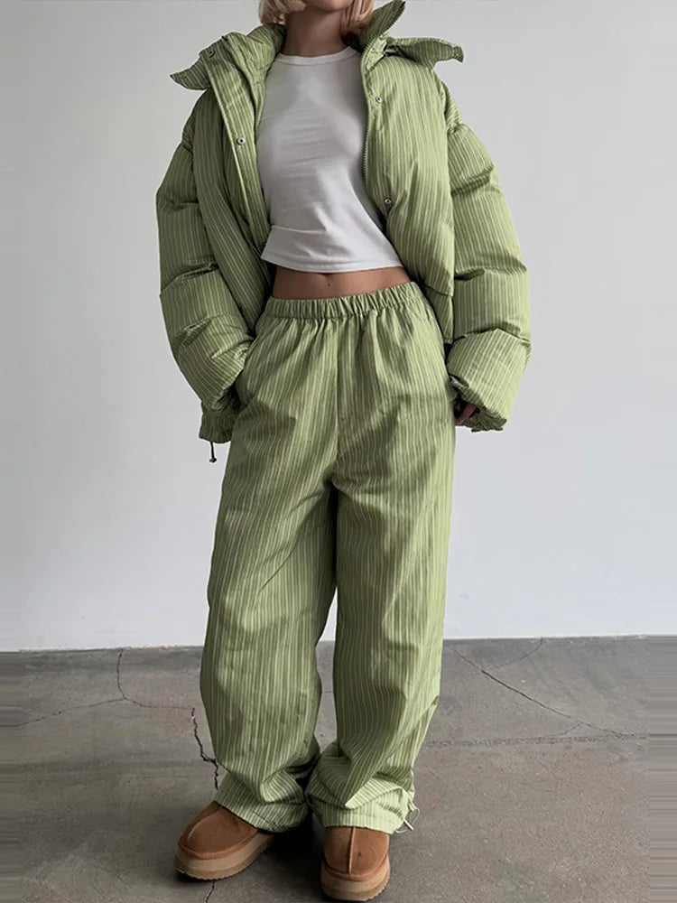 Casual Women's Stripe Set With Hat Full Sleeve Cotton Padded Coat Straight Pants Female Loose Sets 2026 Autumn Winter Lady Suit