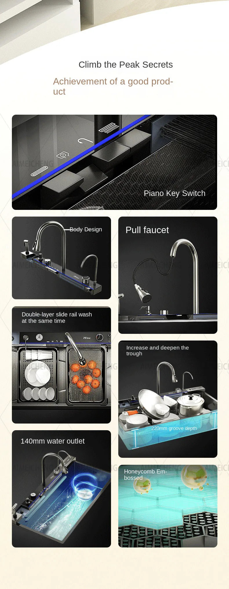 Hot Selling Stainless Steel Waterfall Kitchen Sink With Knife Holder Digital Display Faucet Set Embossed Extra Large Single Slot