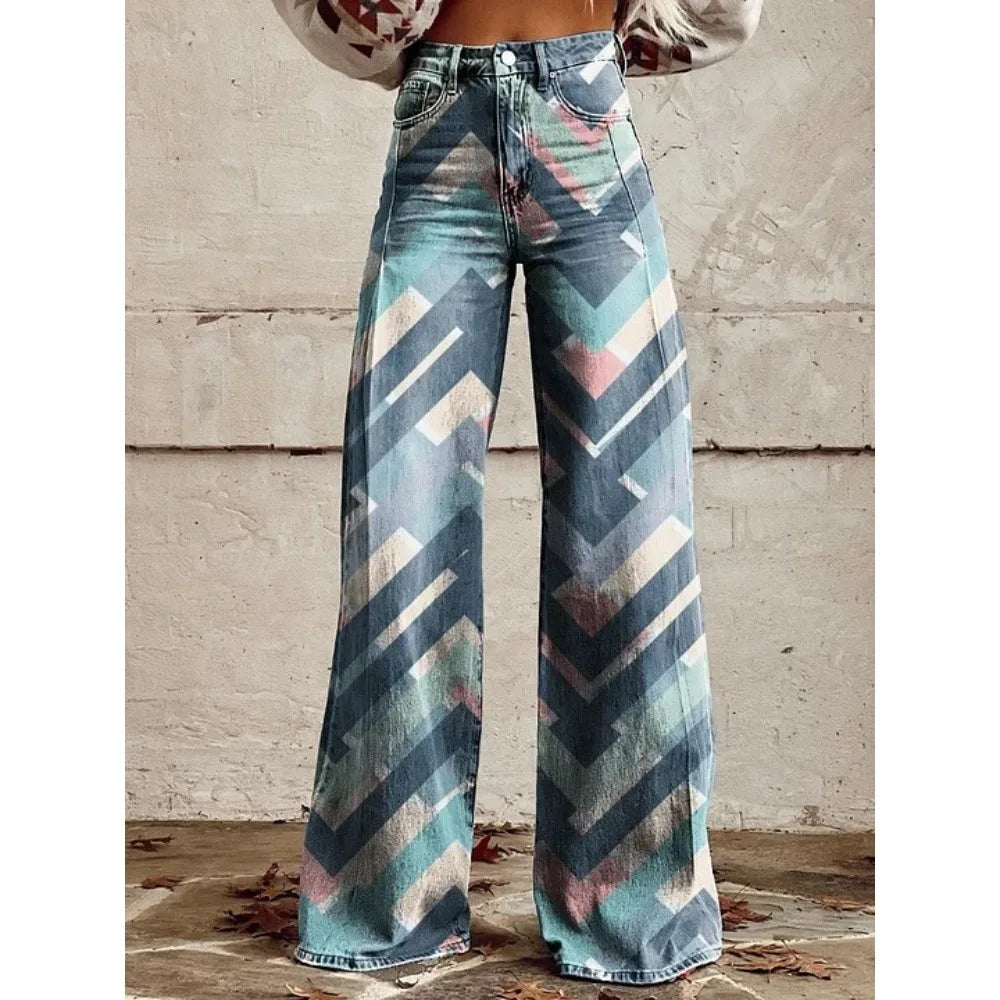 Pink Green Aztec Geometric Print High Waist Wide Leg Pants Cotton Casual Boho Trousers Vintage Women's Western Casual Trousers