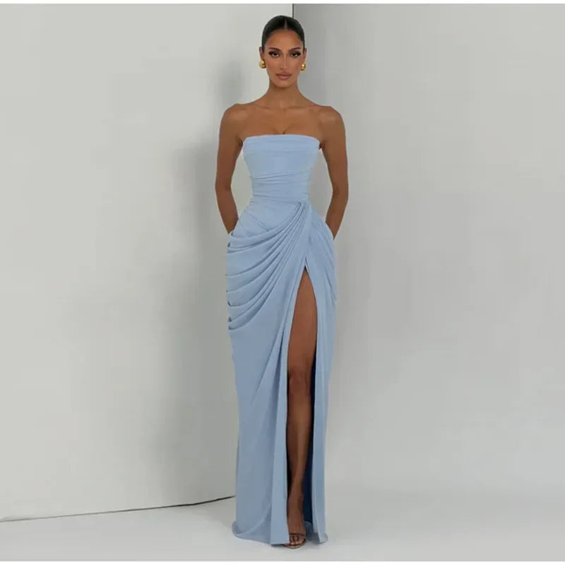 Sexy Pleated Crop Top Long Dress Women Solid Sleeveless Backless High Split Party Dresses Female 2026 Spring Summer Robe New