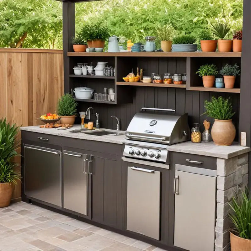 Luxury Outdoor Kitchen Island Set with Built-in Gas BBQ Grill, Pizza Oven & Storage Drawers Prefabricated Patio Cooking Station
