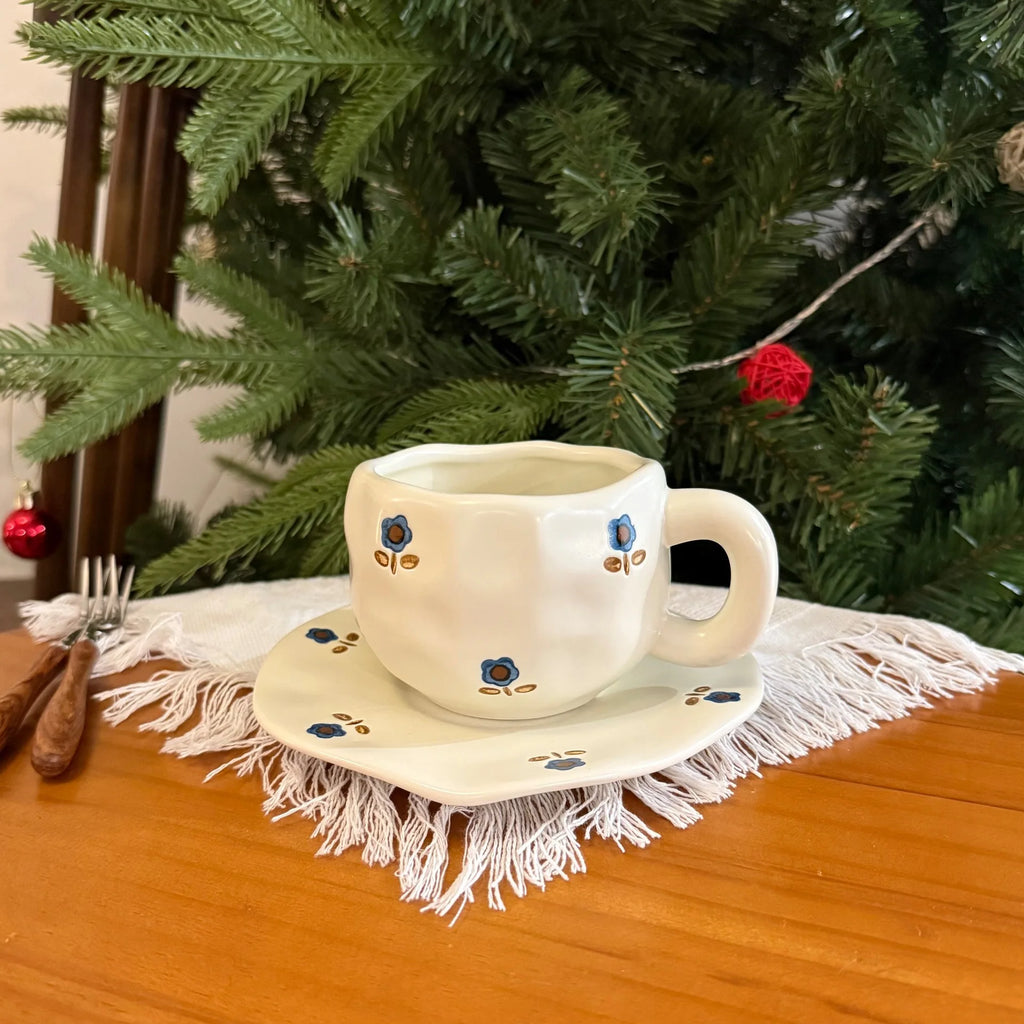 ins style retro flower ceramic cups and saucers, hand-squeezed irregular coffee cups and saucers, afternoon tea cups and saucers