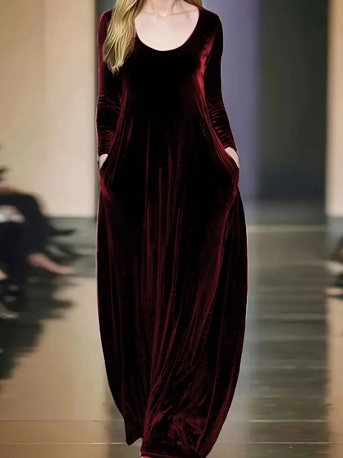 2026 Fall/Winter Velvet Long Dress – Round Neck, Long Sleeves, Floor-Length, Elegant Velvet Evening Gown