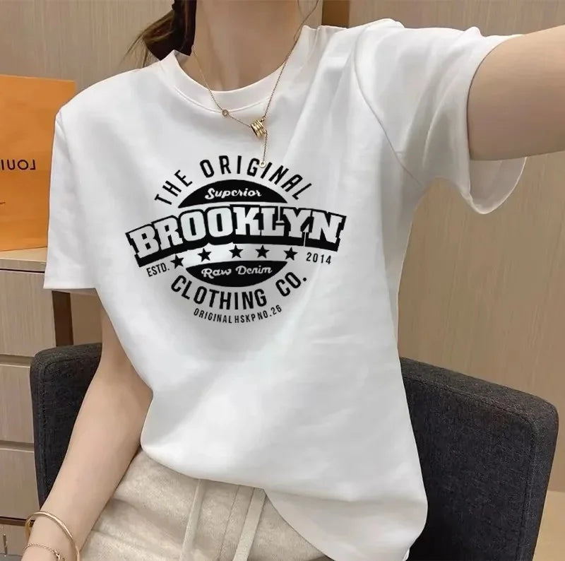 Women's Short Sleeve T-Shirt Pure Cotton Thin Summer Korean Style Loose Fit Shoulder round Neck Half Sleeve Ladies Top Versatile