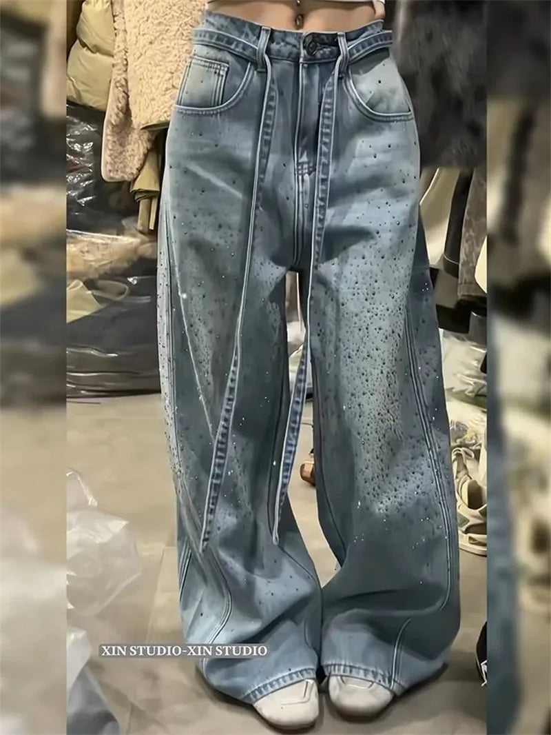 Korean Loose Women Denim Pants 2026 New Autumn Winter Retro Hot Diamond Long Cowboy Trousers Ladies Casual Streetwear Jeans