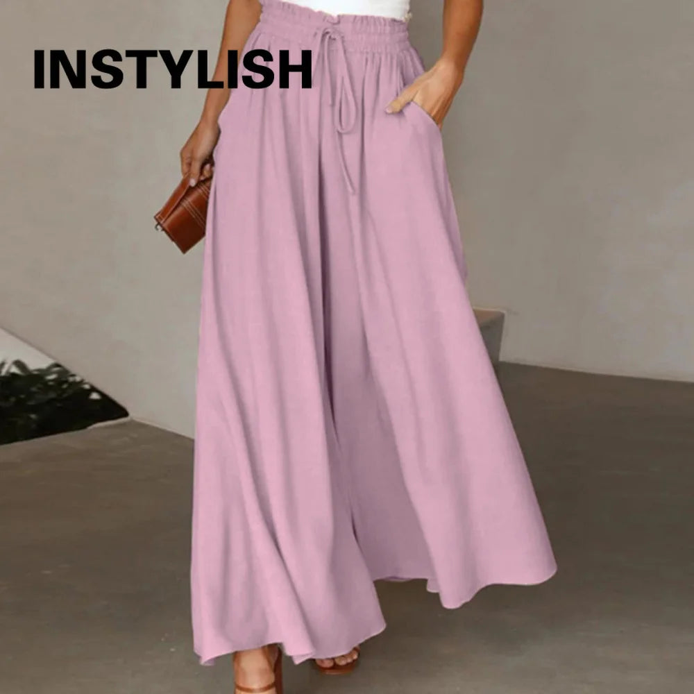 Women Casual Elastic Waist Wide Leg Pants Summer Elegant Drawstring Loose Straight Trouser Elegant Solid Pants Vacation Beach