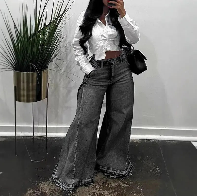 QICHE European American Women Y2K Blue Washed Patchwork Flare Jeans Loose Tassel Floor-Length Wide Leg Denim Pants