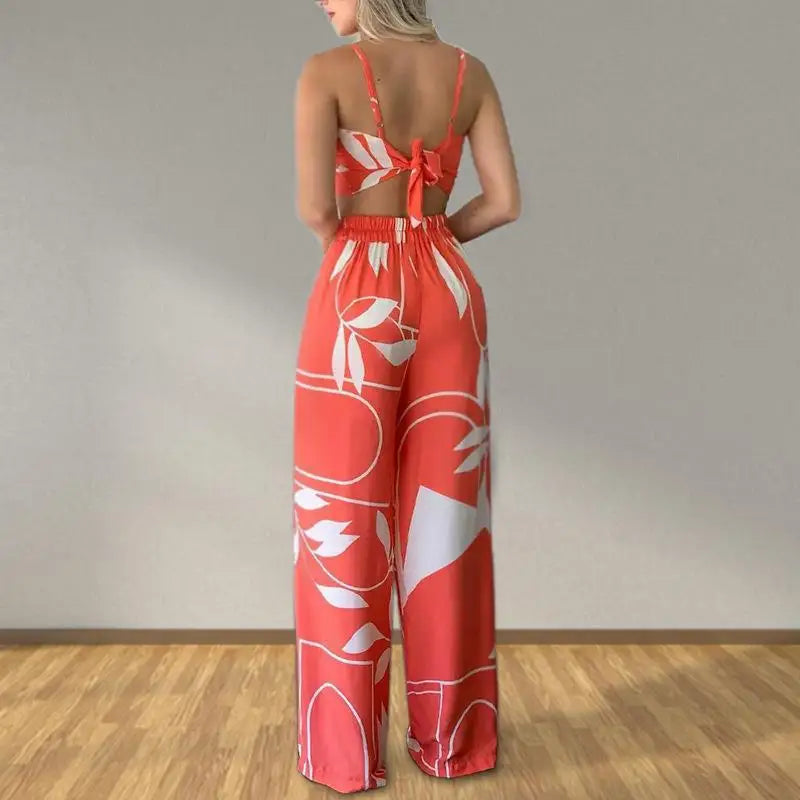 Elegant Two Piece Outfits For Women 2025 Sexy V-Neck Strap Backless Lace-up Slim Crop Top & Wide Leg Pants Sets Summer Lady Suit