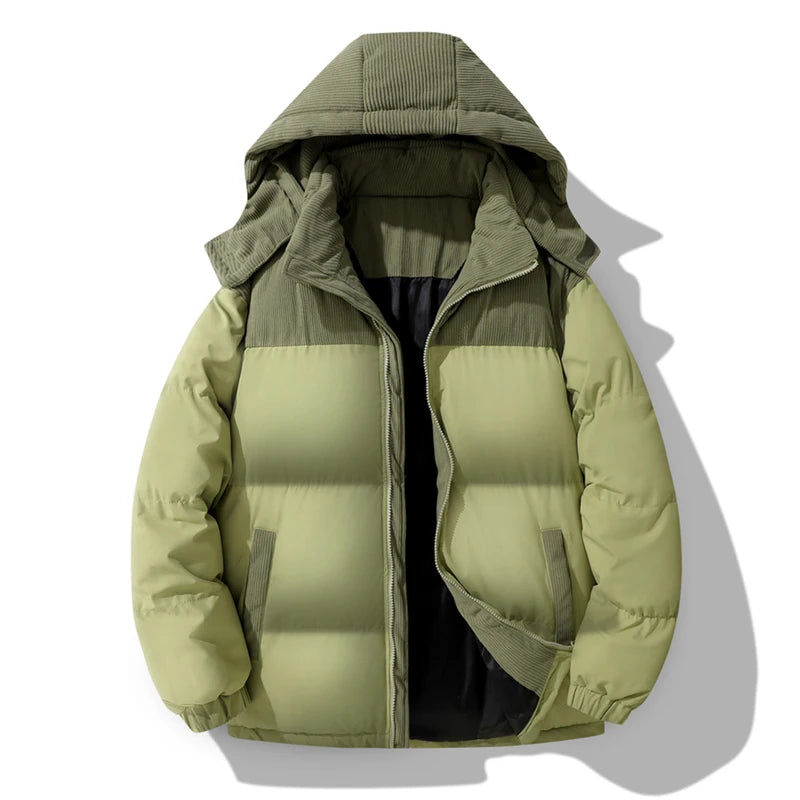 Men's  Block Corduroy Hooded Puffer Jacket Full Zip Thick Warm Winter Coat Loose Windproof Casual Outerwear With Side Pockets