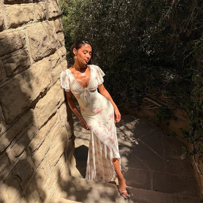 Women Floral Print Short Sleeve Maxi Dress Fashion V-neck Ruffle Trim Belted Slit Hem Dresses Casual Lady Daily Vacation Gowns