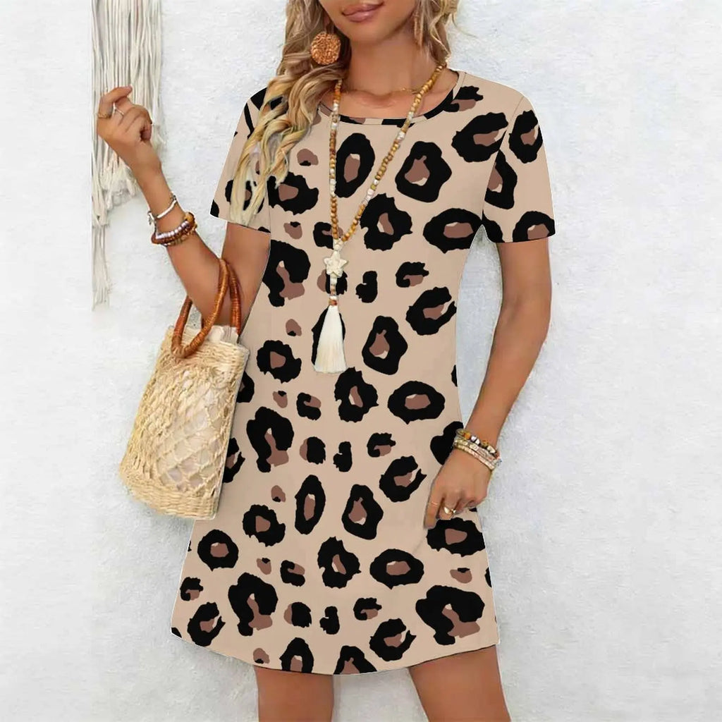Women's Classic Leopard Print Short Sleeve Round Neck Midi Dress Loose Casual A Line Daily Wear Dress