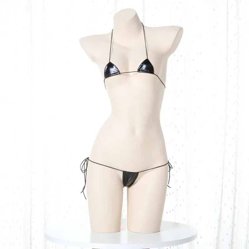 Summer Beach Womens Micro Mini Bikini Set Women Sexy Underwear Temptation Leather Lace-Up Bra Outfit Costumes Cosplay Swimsuit