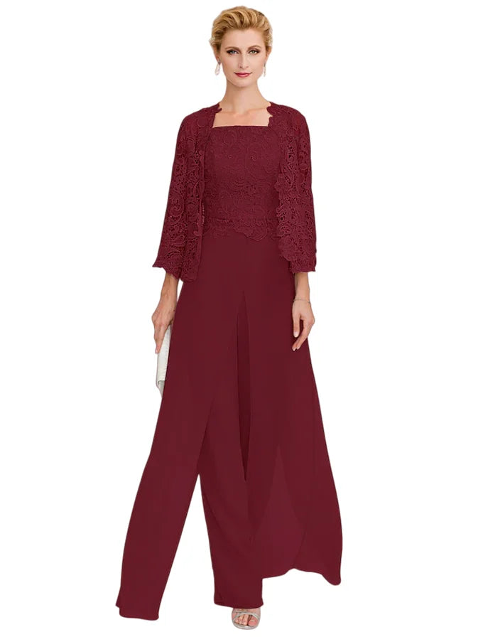 Jumpsuit Pantsuit 3 Piece Floor Length Sleeveless Square Neck Elegant Formal Wedding Guest Chiffon Mother of the Bride Dress