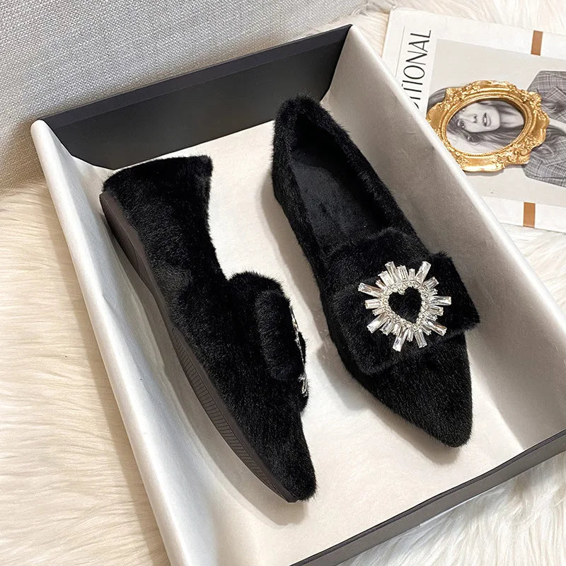 Flats Shoes for Women 2024 New Autumn Pointed Flat Mink Fur Winter Shoes Velvet Women's Loafers Ladies Shoes Plus Size 41 42 43