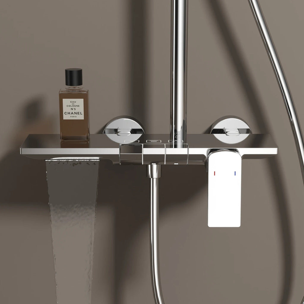 Brushed Gold Piao Bathroom Shower System Set Brass Waterfall Bathroom Faucet 12 Inch Rain Shower Head Hot Cold Piano Shower Set