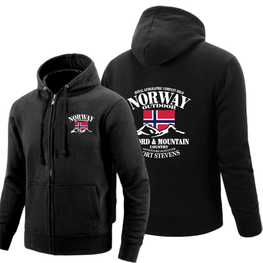 2025 New Spring And Autumn Norway Flag Fjord Mountain Men's Solid Color Zipper Pullover Warm Long-sleeved Comfortable Caot