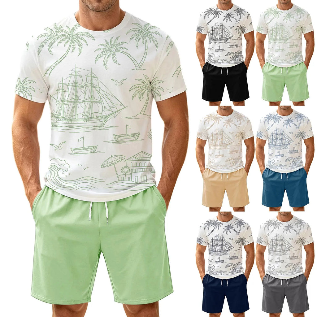 Men's Two Piece Set: Fun Printed Short Sleeved T Shirt And Belt Shorts Stylish And Simple Printed Set Tuxedo Suit Set for Men