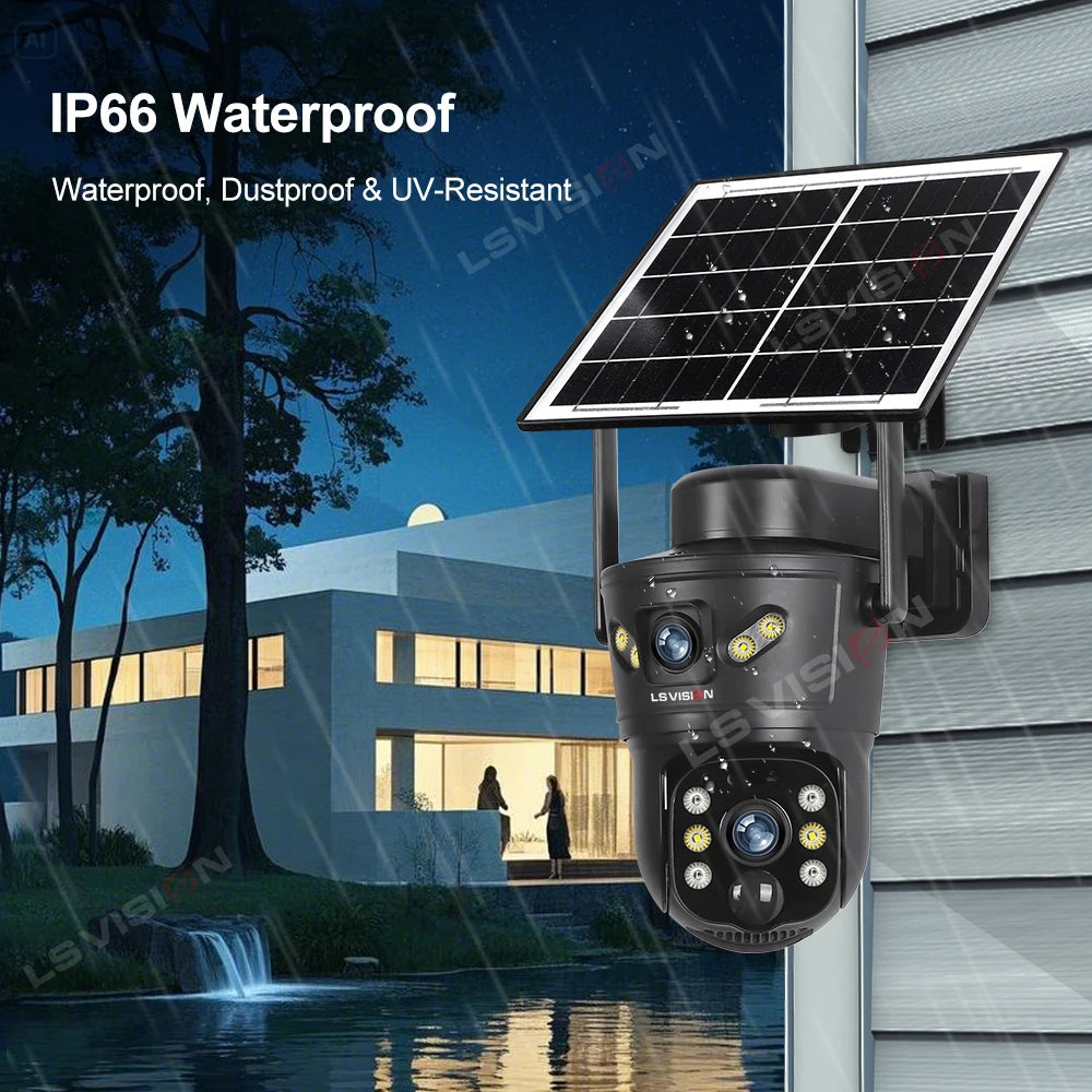 LS VISION 4G /WIFI Outdoor Solar Camera 8MP Dual Lens PIR Sim Card Built in Night Vision Waterproof Security Camera Battery CCTV