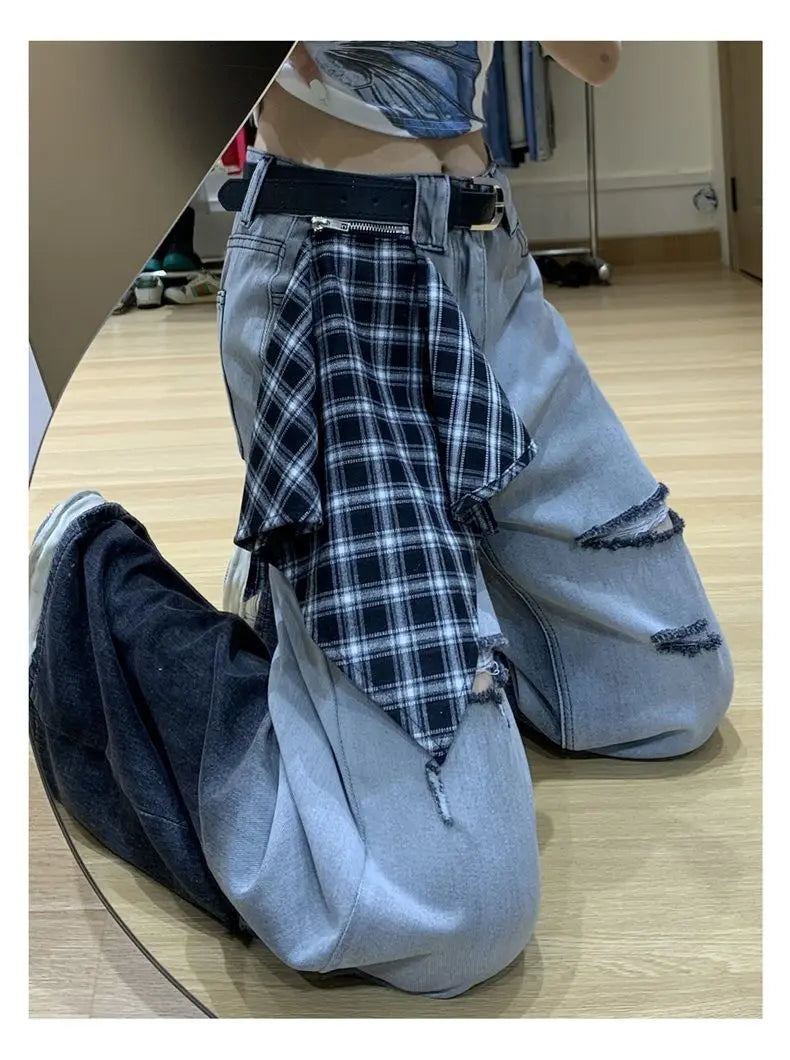 Graduated Design Ripped Denim Jeans Women's Summer Thin Drapey Slim Wide Leg Pants Loose Floor-Length Trendy Casual Style