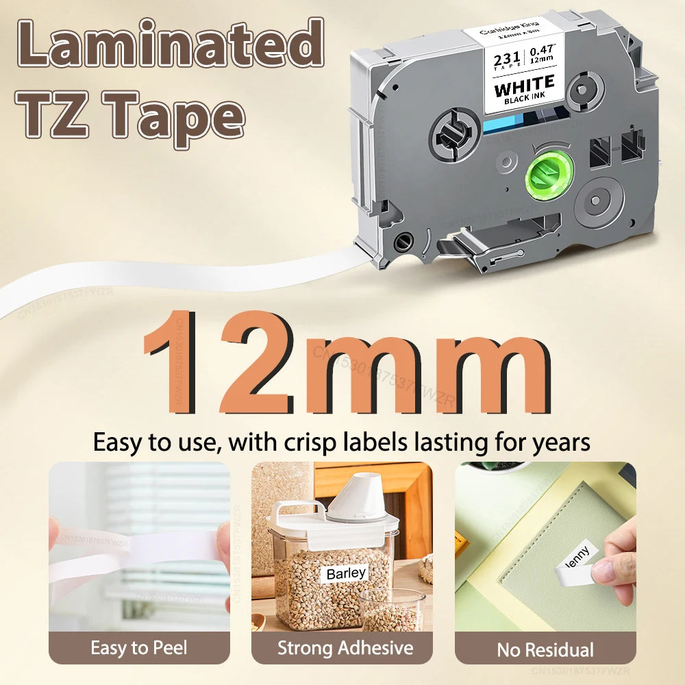 2/5/10PK TZe 231 Compatible for Brother Label Tape TZe231 TZe131 TZ431 TZ531 TZ631 TZ731 12mm Laminated Tape for Brother P-touch