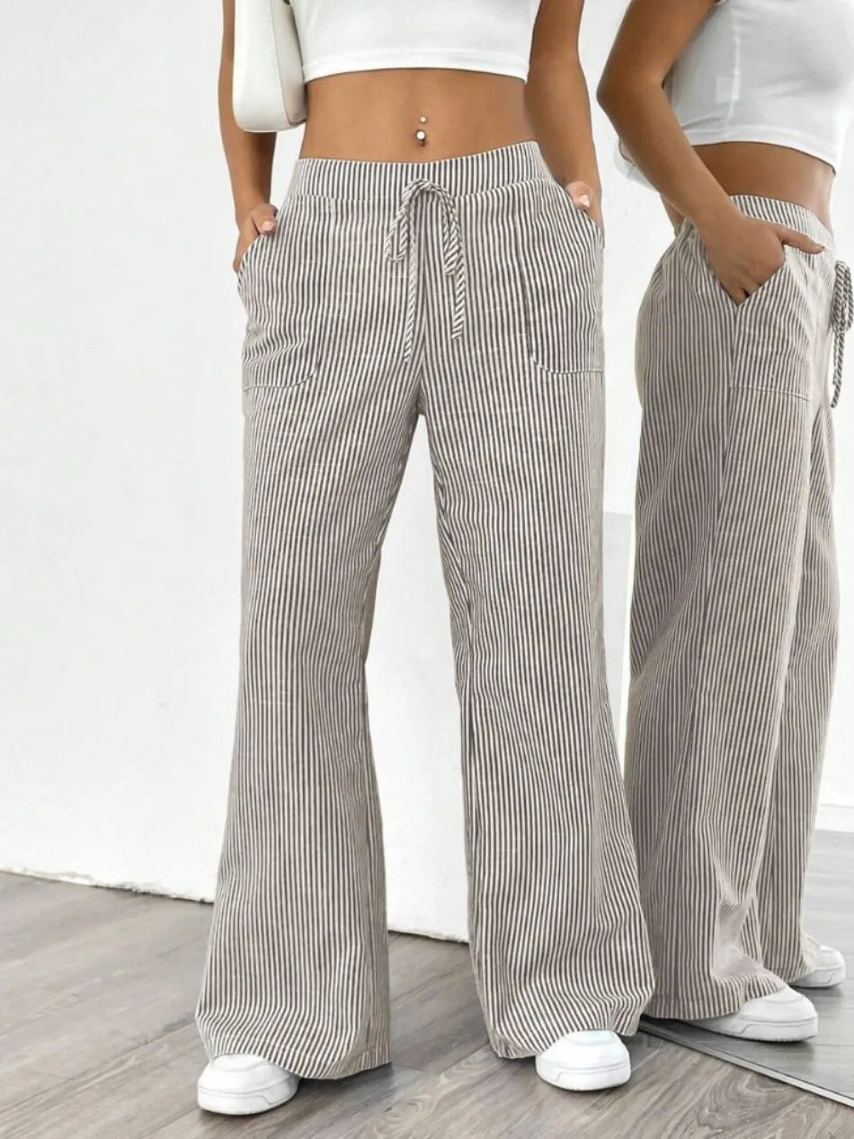 New Autumn Striped Drawstring Pants for Casual and Comfortable Street Fashion Loose Straight Leg Wide Leg Pants Trousers Women