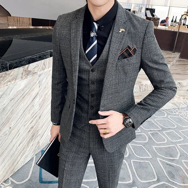 S-7XL ( Blazer + Vest + Pants ) Striped Plaid Solid Color Mens Formal Business Suit 3Pcs Set Groom Wedding Social Show Dress