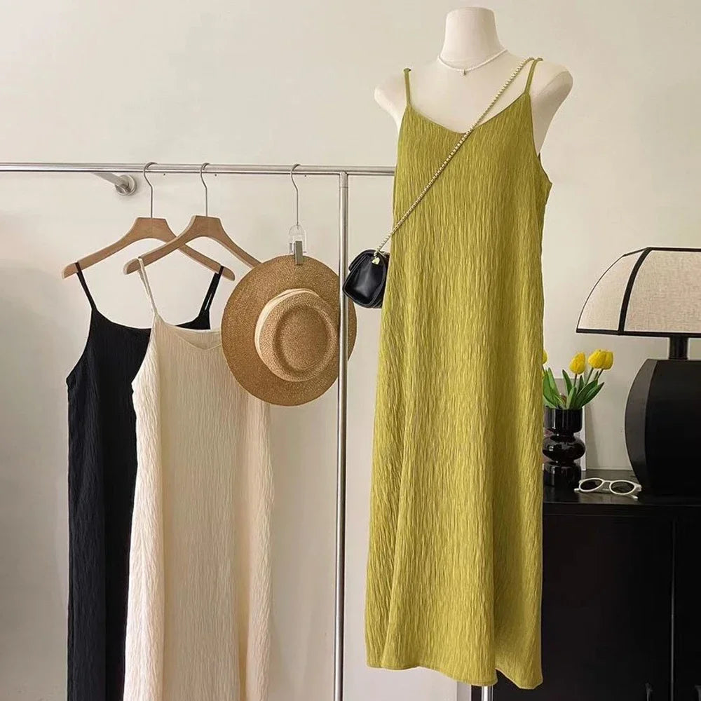 Office Lady Sleeveless Pleated Midi Dress Women Size S-XL Pink Purple White Black Casual Basic Knitted Folds Dresses Girl's