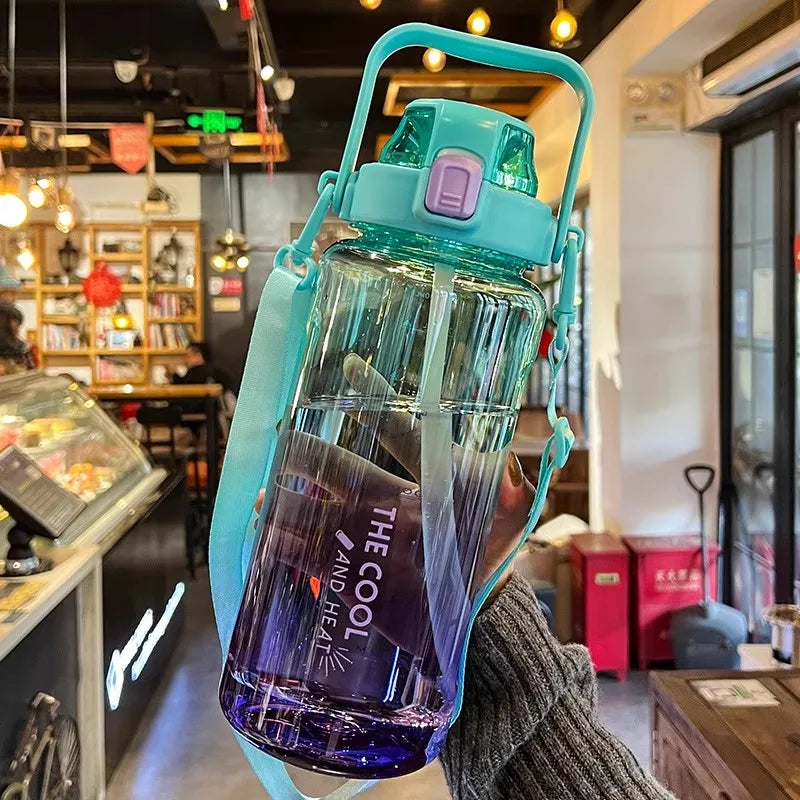 1.5/2 Liter Water Bottle Portable Plastic Sports Bottle With Straw Strap Large Tumbler Gym Travel Juice Drinking Bottle BPA Free