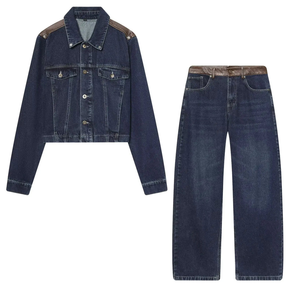 ETJ Women's Denim Jacket & Jeans Set Cropped Leather Patch Oversize Wide Leg Pants Outfit 2026 Fashion Two Piece