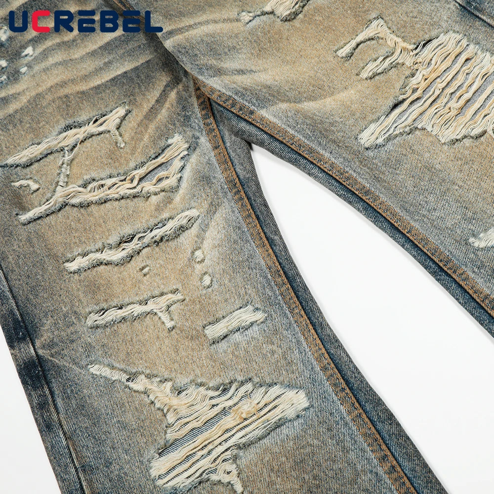 Ripped Straight Jeans Mens Retro High Street Washed Distressed Baggy Wide Leg Trousers Men