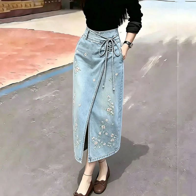 Side Slit Denim Long Skirts Womens Summer Vintage Floral Embroidery Jeans Pencil Skirt Bandage High Waist Women Long Skirt