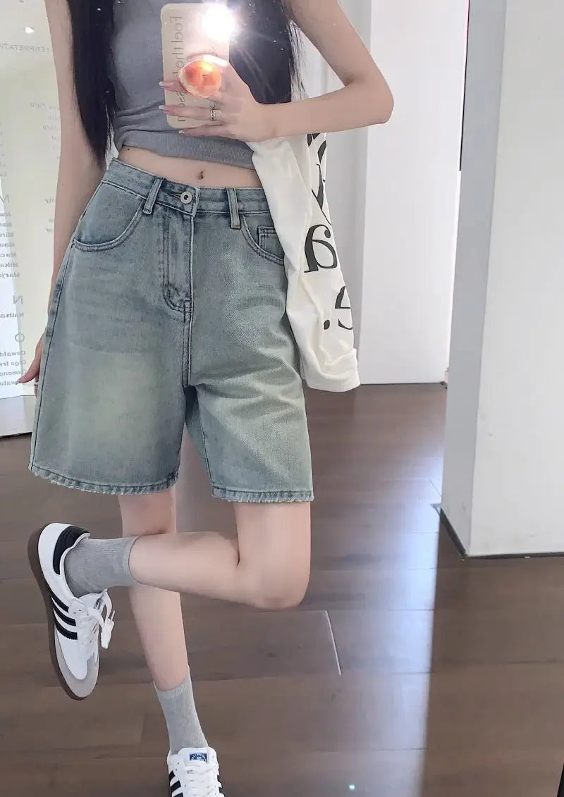Denim Shorts Vintage High Waist Loose Fit Distressed Design Ins Style Sweet Spicy Girls All-match Casual Summer Streetwear Y2k