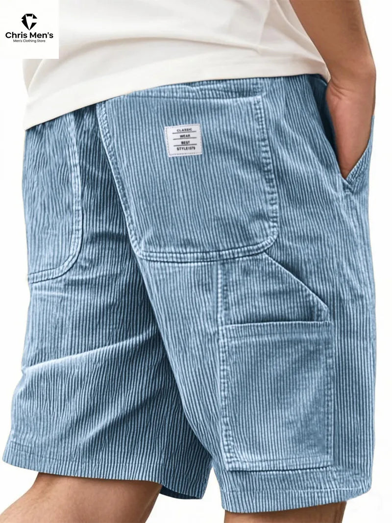 Men's Workwear Shorts Summer Casual Corduroy Loose Elastic Waist Multi-Pocket Leisure Pants Embroidery Retro Style Male Trousers