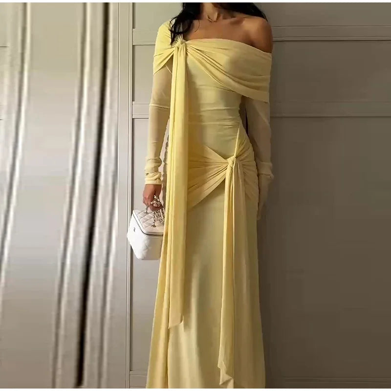 Elegant Solid Lace Up Dress Women's Off The Shoulder Long Sleeve Draped Dresses 2026 Spring New Female Chic Party Robes ﻿