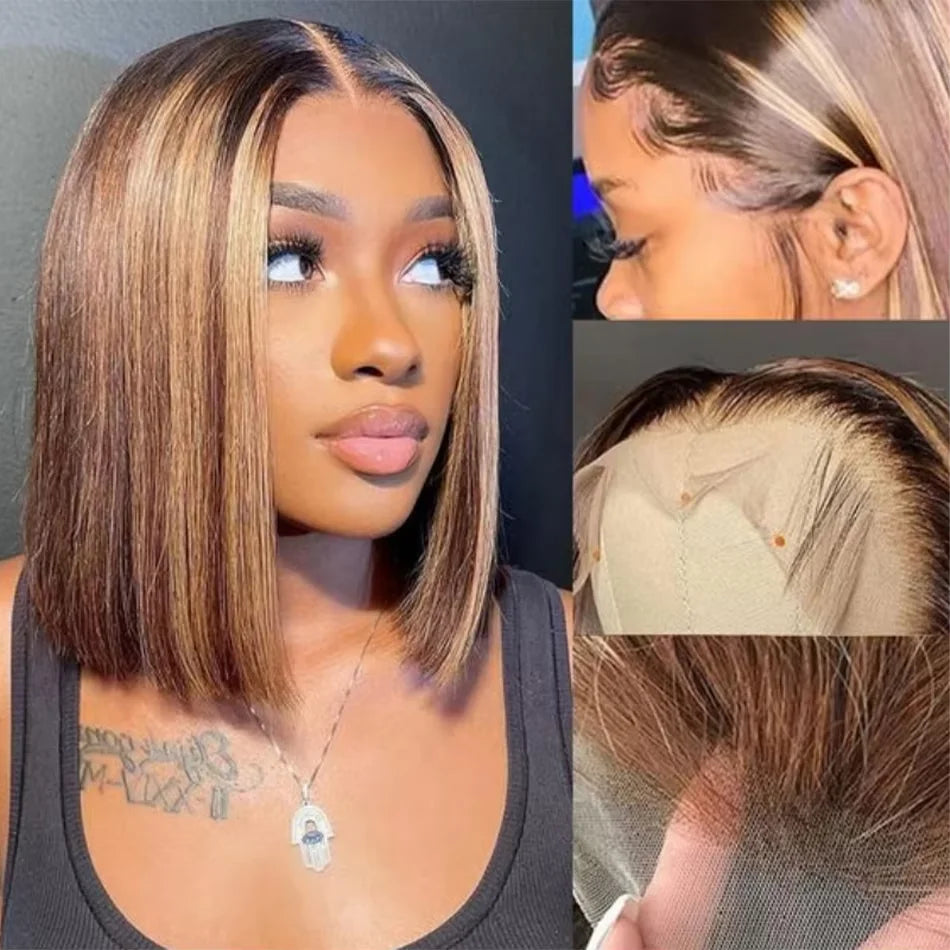 200% Density Short Bob Wigs Highlight Straight Lace Front Wigs Blonde 13x4 Transparent Lace Front Wig 100% Human Hair 427#16Inch
