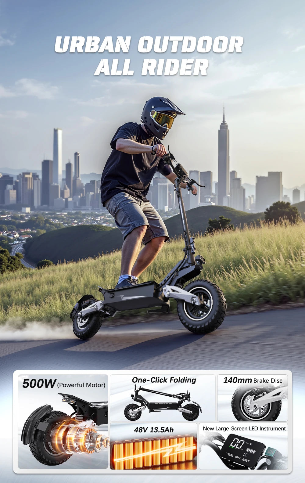 OOTD T10 Electric Scooter 500W Motor 48V13AH Battery City Off-Road Electric Scooter Adult 11 Inch Foldable Electric Scooter