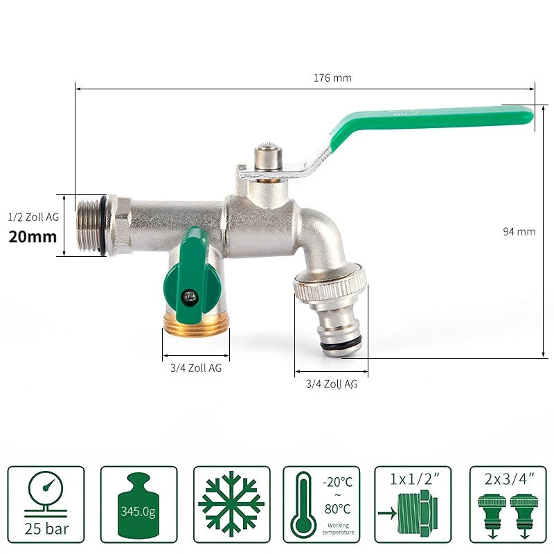 Garden Outdoor Bibcock Faucet DN15 DN20, Anti-freeze, Dual Control Copper for Washing Machine and Kitchen Garden Sink    1/2