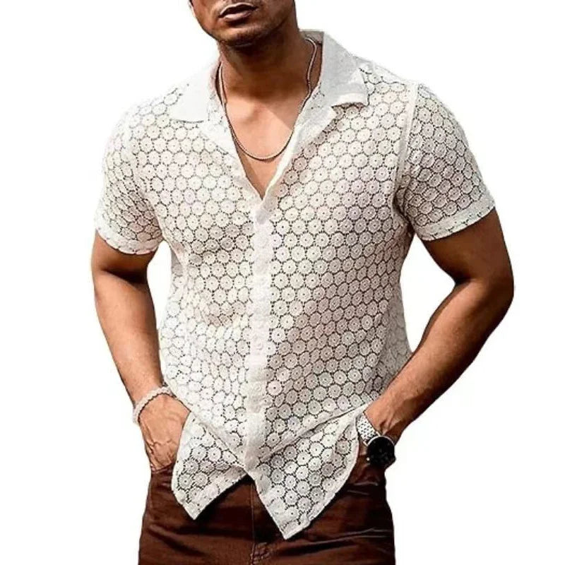 Men's short sleeve lace shirt, sheer mesh, button-down shirt, vintage streetwear, party wear, sexy, new, summer, 2024