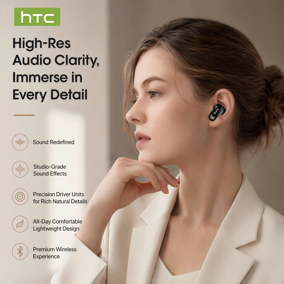 HTC NE79 Bluetooth Earphones Sports Gaming Long Battery Comfort Wireless Headphones Premium Sound Quality Soft In-ear Earbuds