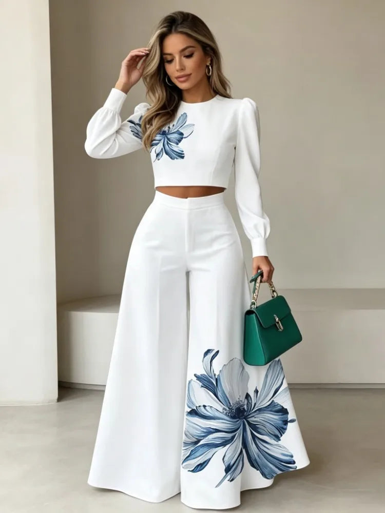 Krisstarsgirls Women's Elegant Floral Print 2 Piece Set 2026 Spring New Puff Sleeves Tops Wide Leg Pants Sets for Office Ladies