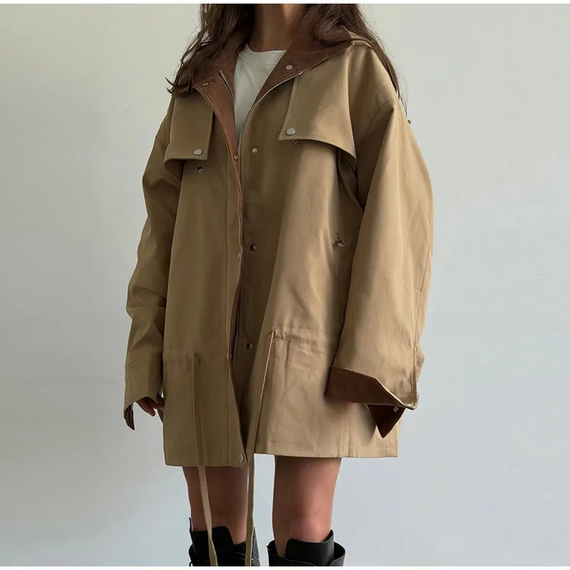 Lapel Women's Outerwear Waist Cinching Belted Jacket Drop Shoulder Cropped Cargo Trench Coat Meilaid Style Daily Fashion Wear