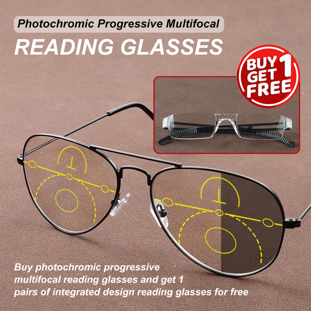 Photochromic, Progressive Multifocal Reading Glasses, Comes with 1 Free Integrated Presbyopic Glasses, Unisex Style.
