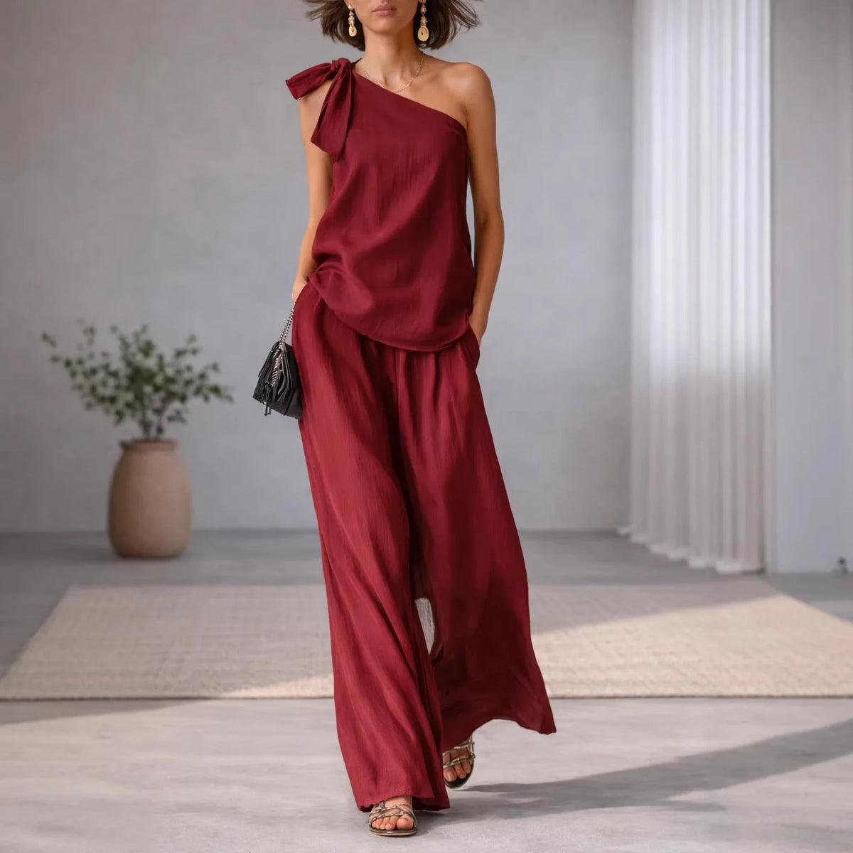 Shoulder Bared Sleeveless Top with Tie Detail And Wide Leg Pants Spring Summer New Style Comfortable Casual Business Commuting