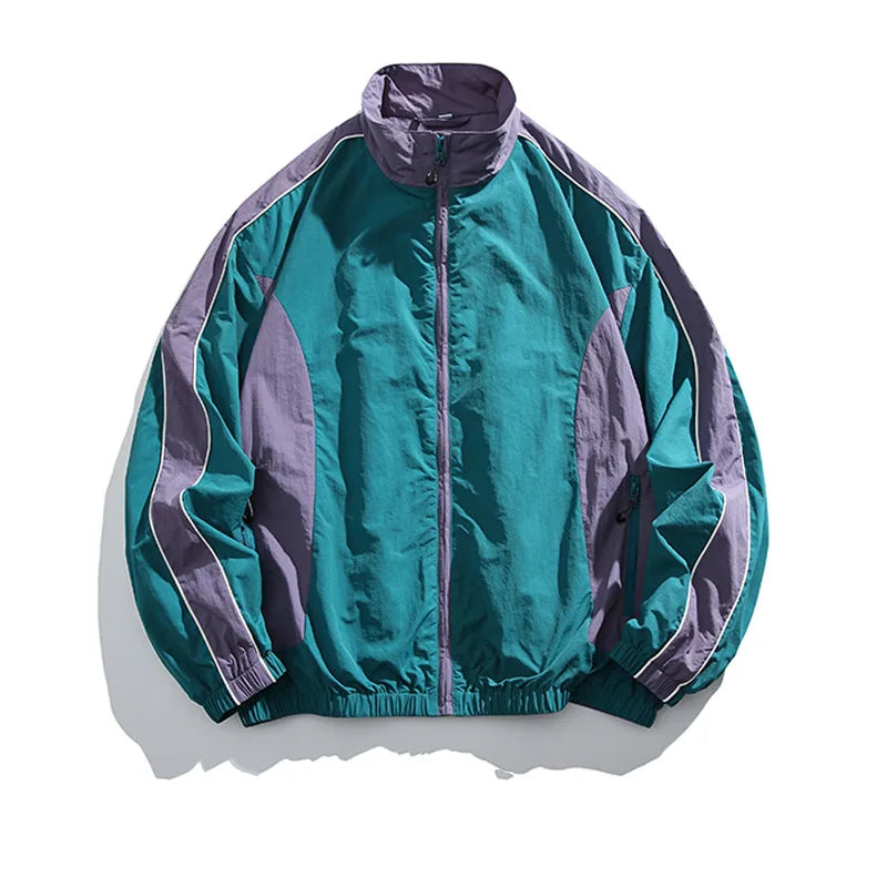 Japanese Retro Youth Streetwear Jacket - Men's Color-Blocked Stand Collar Waterproof Windbreaker Urban Outdoor Functional Jacket