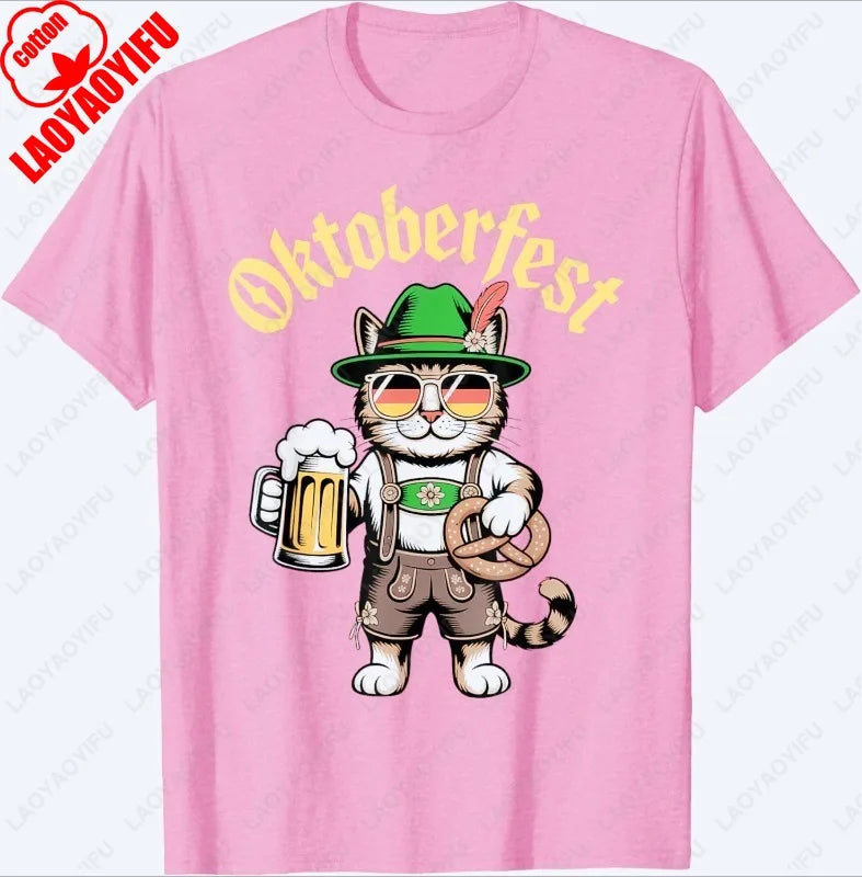Funny Oktoberfest Cute Cat Pretzel Beer Funny Party Adults T-Shirt Fashion Y2k Streetwear Men Woman High Quality Cotton Tees