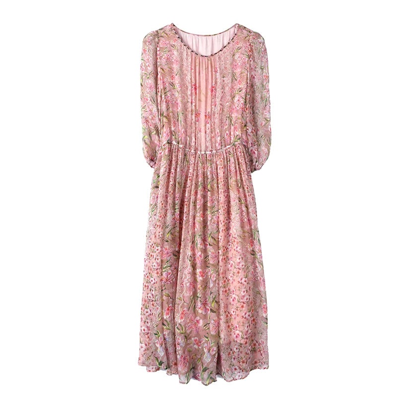 2025 Summer Floral Silk Beach Midi Sundress Women Boho Fashion Casual Light Dress Spring Korean Elegant Luxury Festival Vestidos