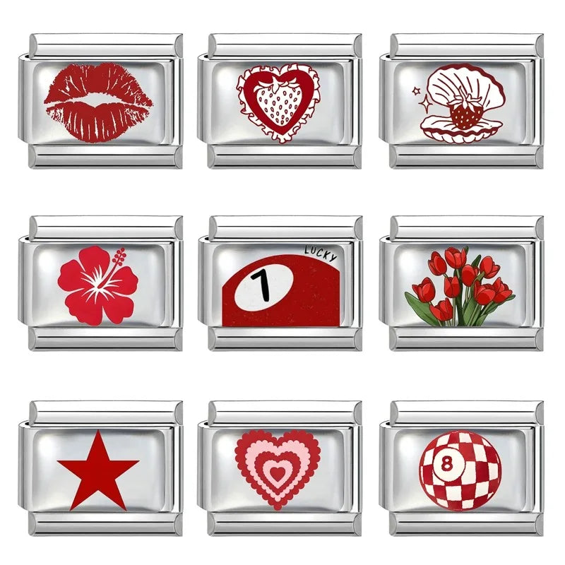Fashion Red Series Heart Flower Bowknot Cherry Women Men Charm Link fit 9mm Stainless Steel Italian Bracelet Making DIY Jewelry