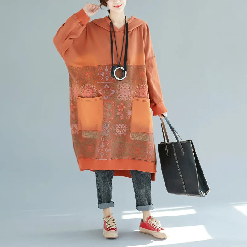 Mid Length Dress Women Hooded Dresses Casual Loose Vestidos Maxi Autumn Elegant Splice Hoodies Y2k Streetwear Print Summer 2025