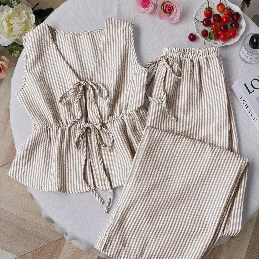 Striped New Two Piece Set Summer V Neck Lace Up Sleeveless Blouse High Waist Wide Leg Pants Sets  Casual Solid Women Sets